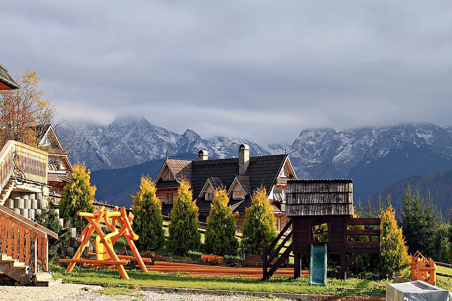 mountain, cloud, chalet, panorama, autumn, landscape, nature, HD wallpaper