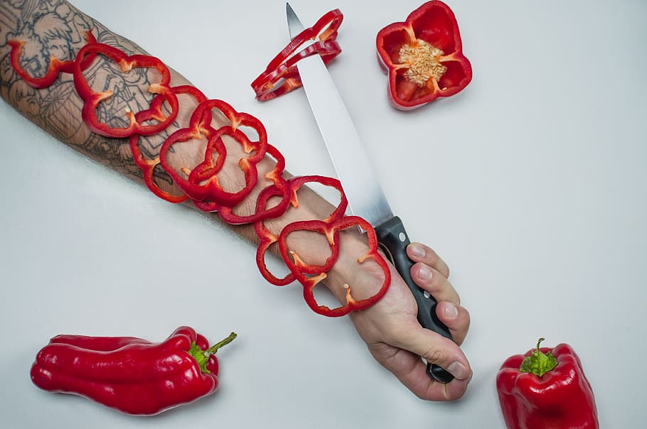 gray knife, vegetable, pepper, flora, food, produce, plant, hand HD wallpaper