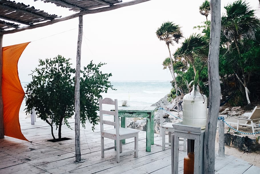 tulum, mexico, patio, beach, rustic, tree, plant, tropical climate HD wallpaper
