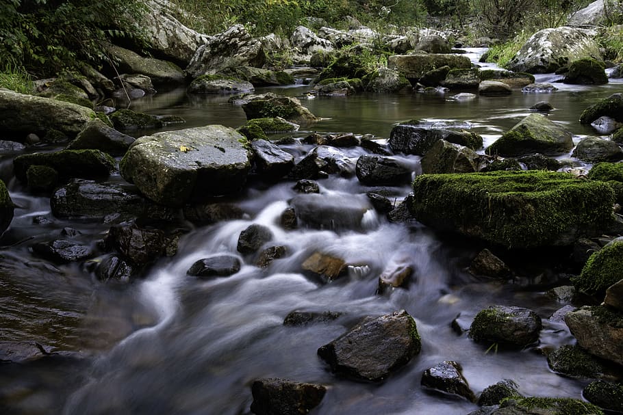 waterfalls, stream, outdoors, creek, moss, flora, plant, nature HD wallpaper