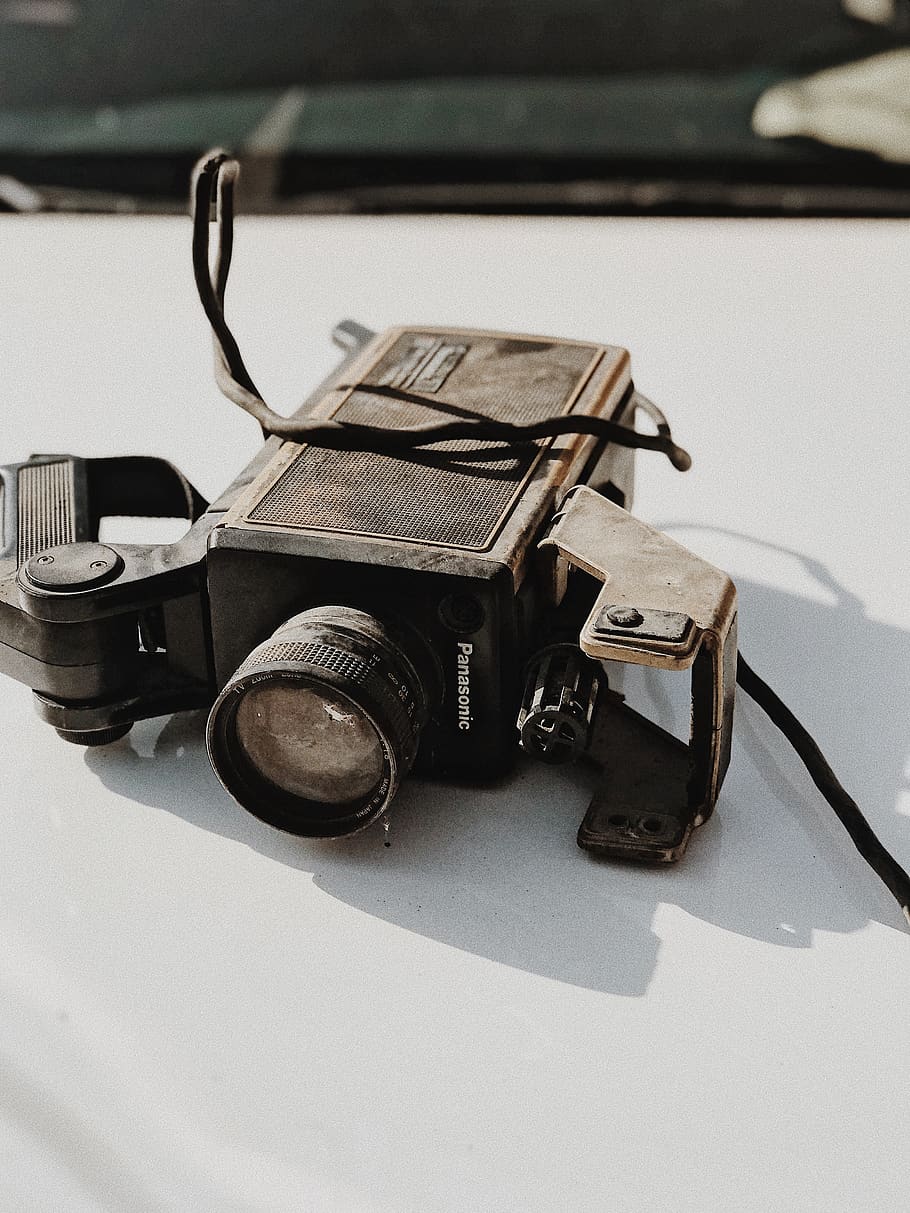 vintage black and gray Panasonic camera on vehicle hood, electronics, HD wallpaper