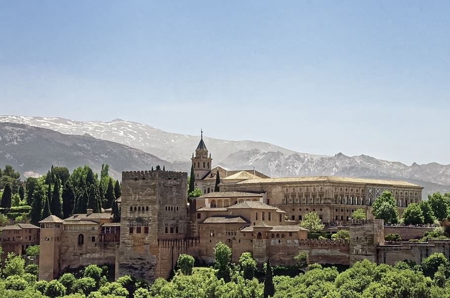 spain, granada, alhambra, fortress, castle, architecture, mountains, HD wallpaper