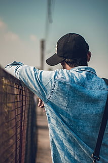 Blue Denin Jacket, back view, cap, daylight, denim jacket, fashion HD wallpaper