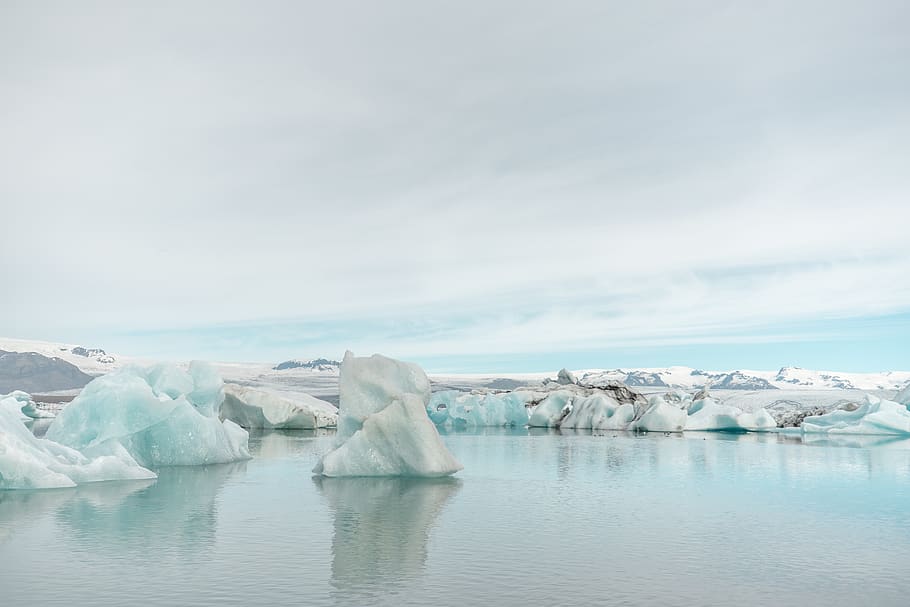 icebergs on body of water, outdoors, snow, winter, glacier, mountain