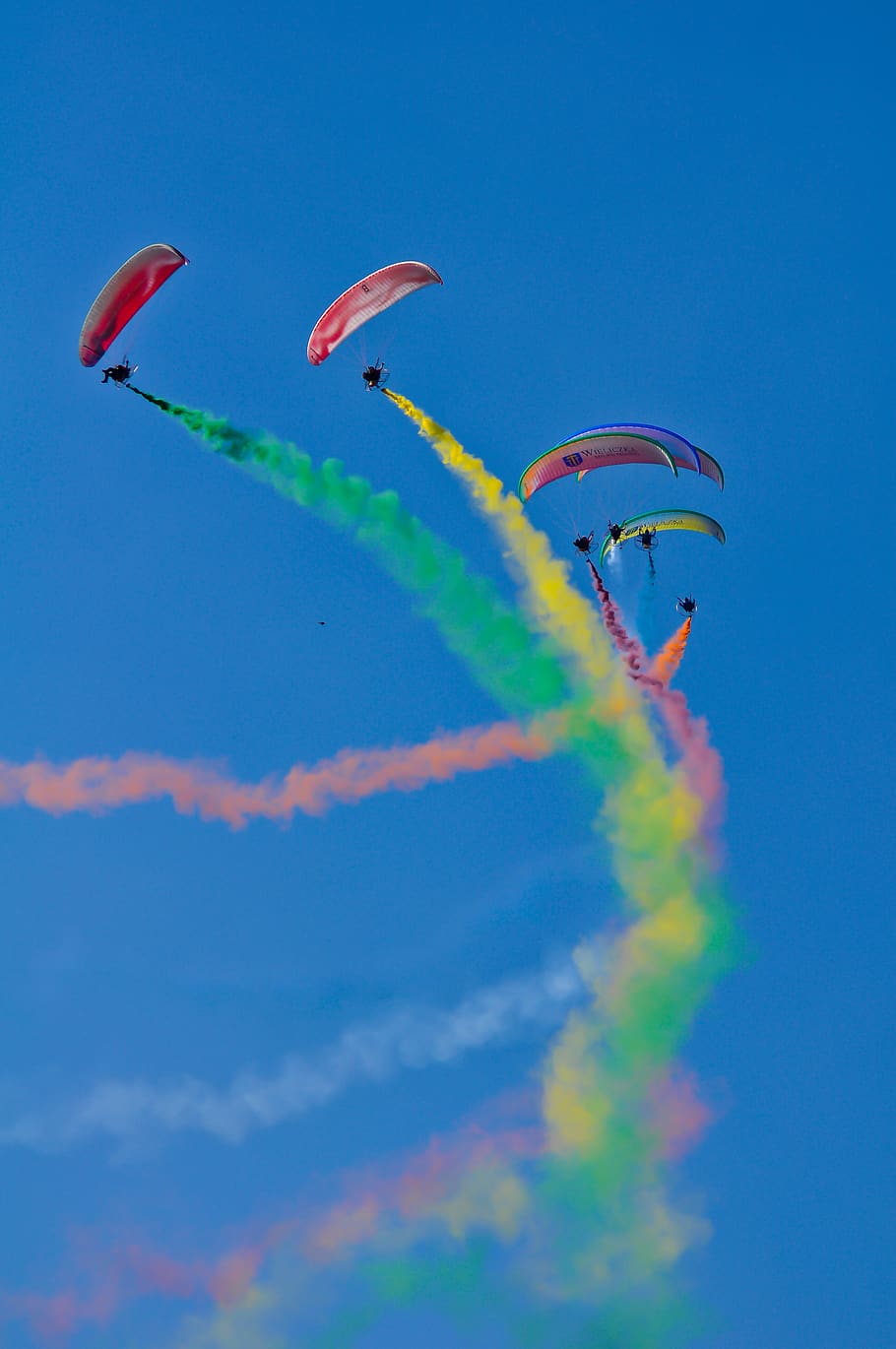 Photo of Skydivers with Colourful Smoke, blue sky, bright, colored HD wallpaper