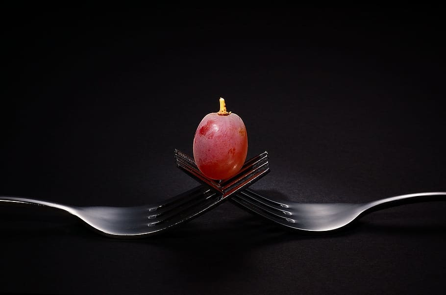 Grape, close up, dark, fork, fruit, minimalistic, red, simple HD wallpaper