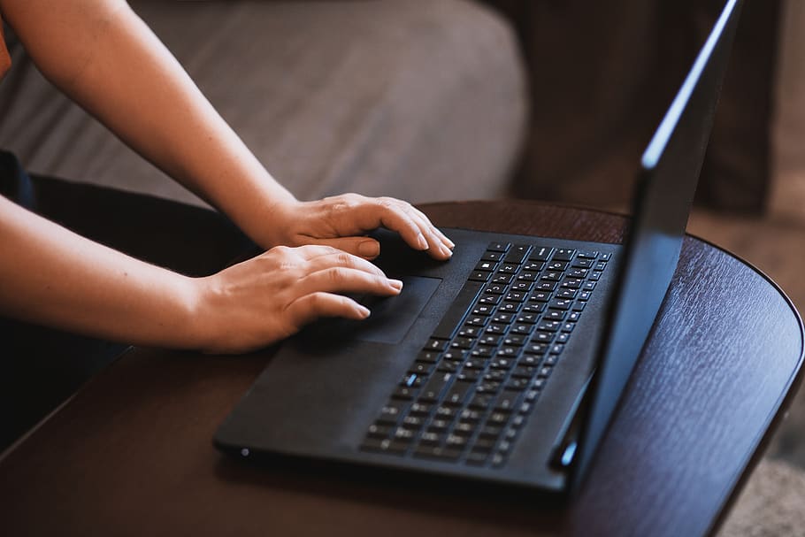 Person Working on Black Laptop., hands, keyboard, searching, technology HD wallpaper