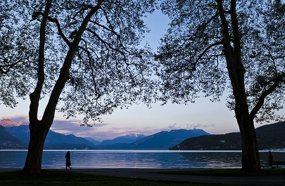 france, annecy, lake, trees, alps, sunset, wallpaper, twilight