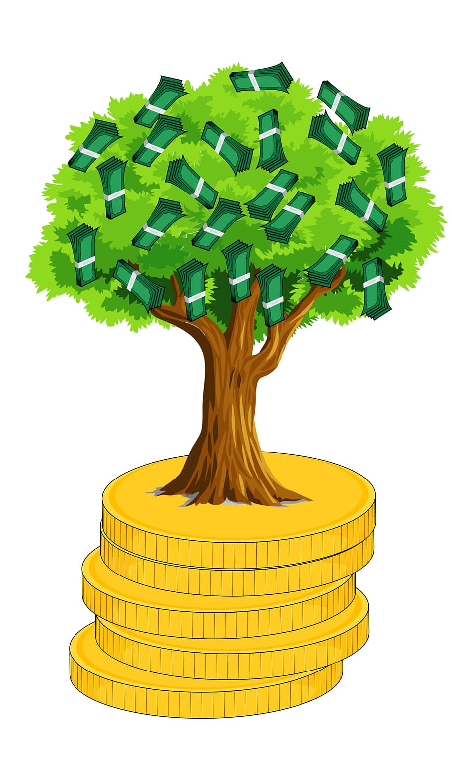 Illustration of money tree growing on top of a stack of gold coins.