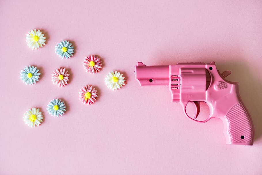 Pink Plastic Revolver Toy, bright, close-up, colorful, colors, HD wallpaper