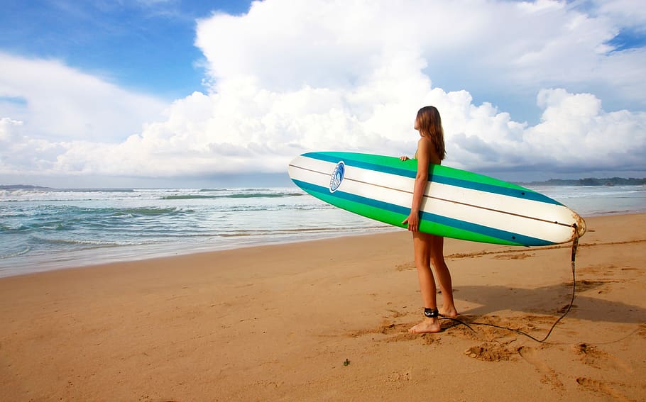 surfing, girl, female, surfer, surfboard, water, young, beach, HD wallpaper