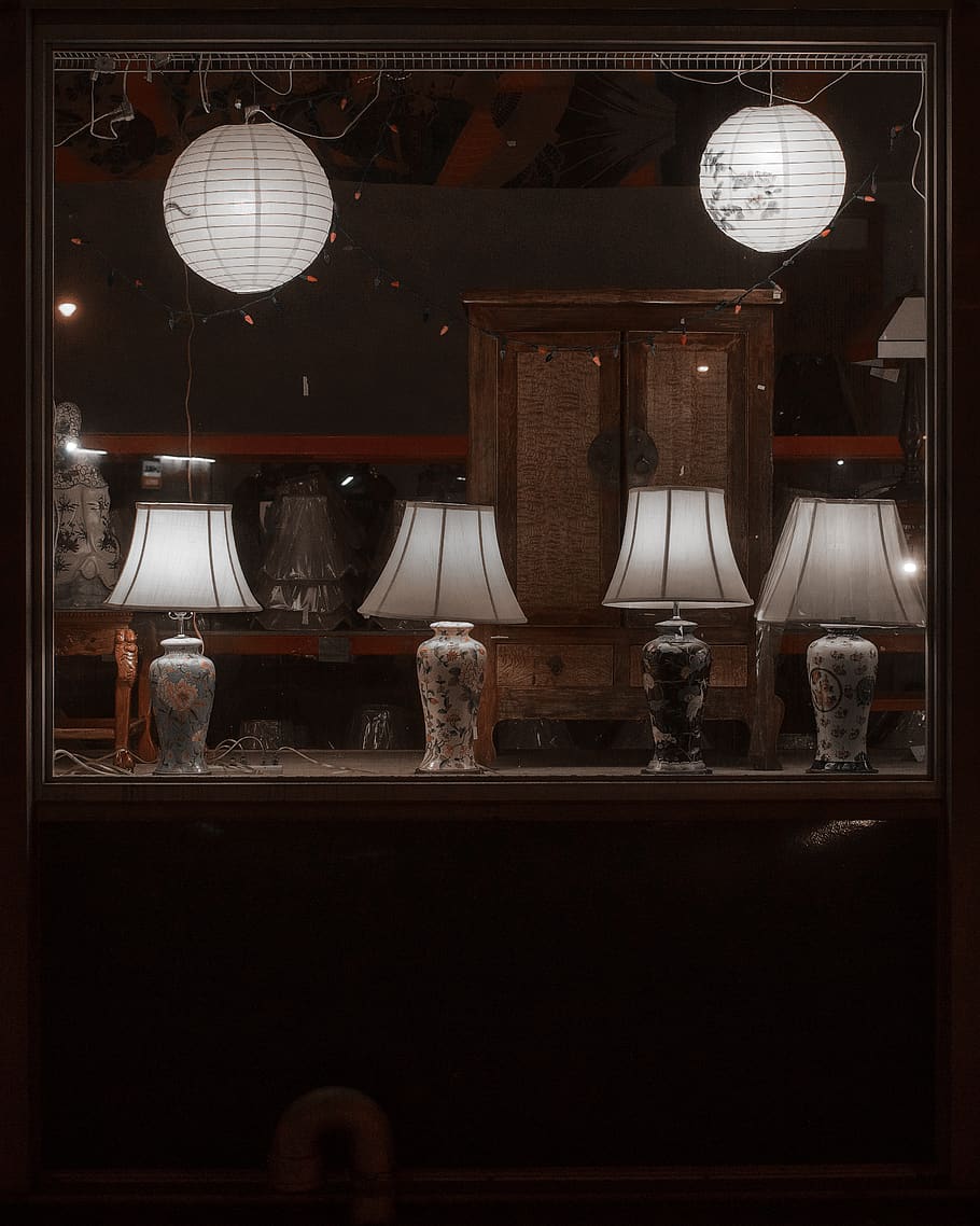 lamp, store front, storefront, lights, cabinet, window, glass HD wallpaper