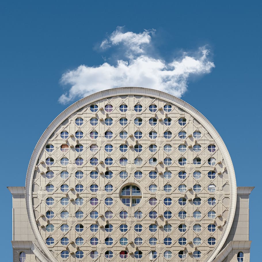 round white concrete building, blue sky, architectural, architecture HD wallpaper