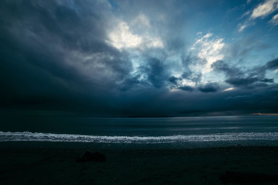 seaside, stormy sky, clouds, beach, ocean, seascape, stormy sea, HD wallpaper