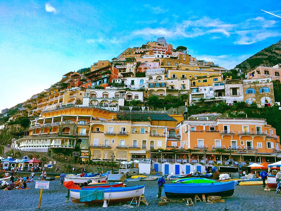 italy, positano, sea, house, boat, amalfi, colors, hill, sand, HD wallpaper