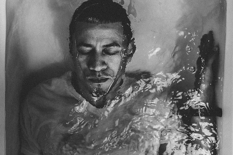 Grayscale Photography of Man in Bathtub, black and white, casual, HD wallpaper
