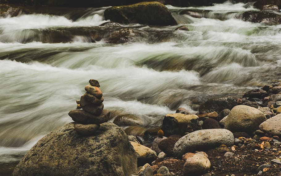 gray rock-a-stack near falls, nature, water, outdoors, stream HD wallpaper