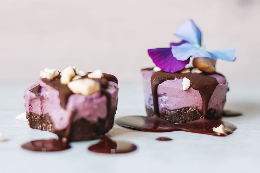 two purple cakes, chocolate, sweet food, indulgence, freshness HD wallpaper