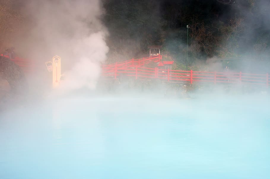 japan, beppu, onsen, spa, fog, water, architecture, no people