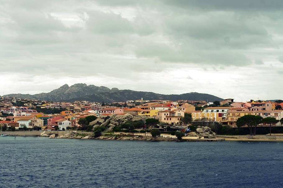 italy, palau, sardinia, beach, sea, water, port, town, houses, HD wallpaper