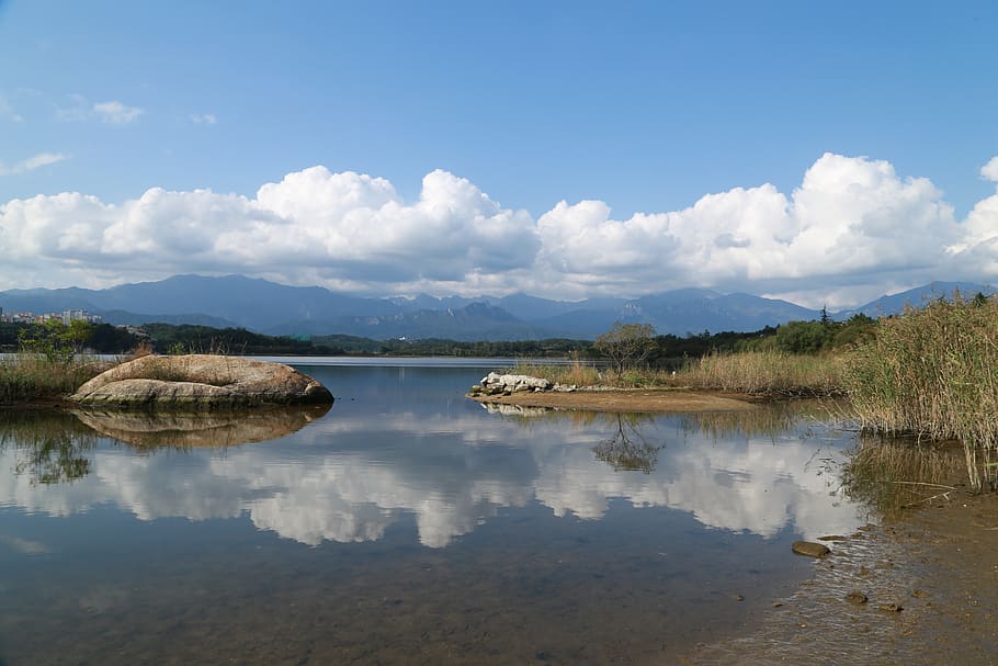 lake, reflections, sky, landscape, cloud, scenery, water, nature HD wallpaper
