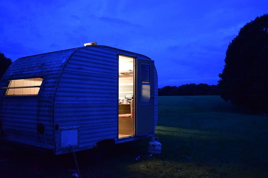 camping, camper, night, lights, nature, sky, plant, blue, land HD wallpaper