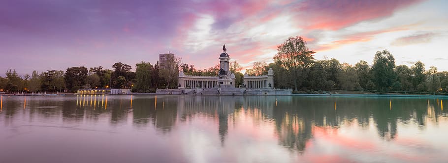 panoramic, dawn, park, removal, lake, madrid, sky, clouds, landscape, HD wallpaper