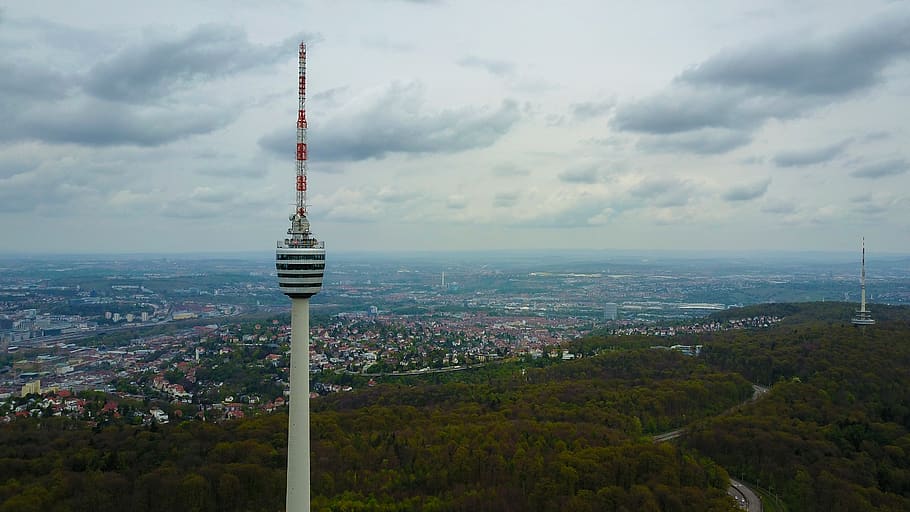 germany, stuttgart, fernsehturm, television tower, hilly, cloudy