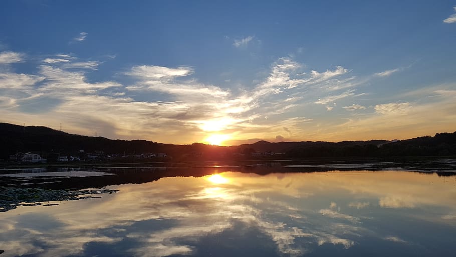 glow, lake, sunset, sky, evening glow, nature, water, scenery HD wallpaper