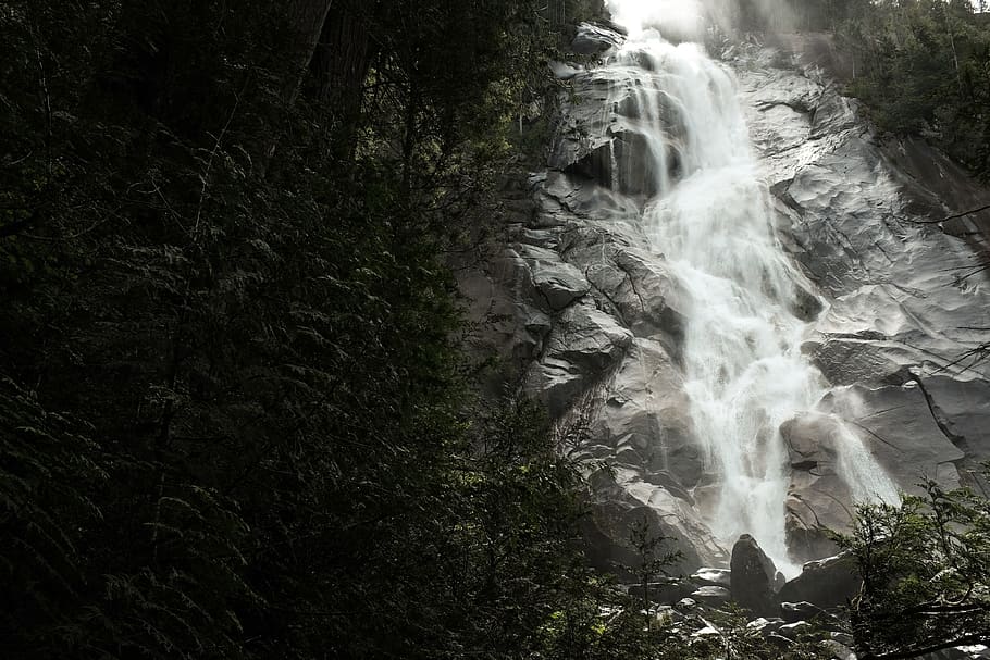 waterfall, stream, nature, green, trees, landscape, rocks, hill HD wallpaper