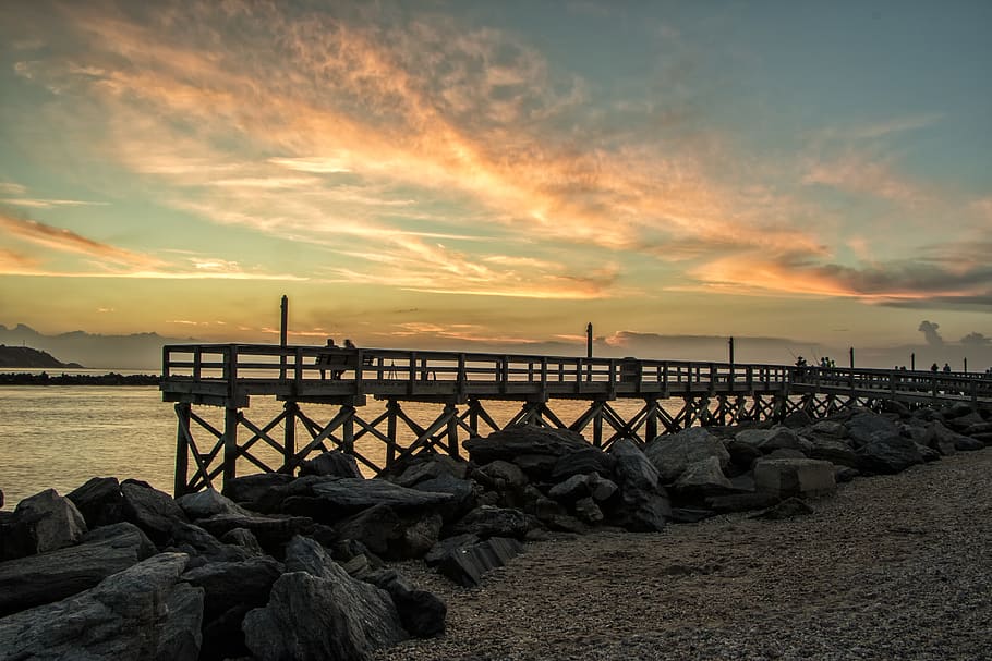 sunset, moment, time, pier, people, love, fishing, clouds, playing HD wallpaper