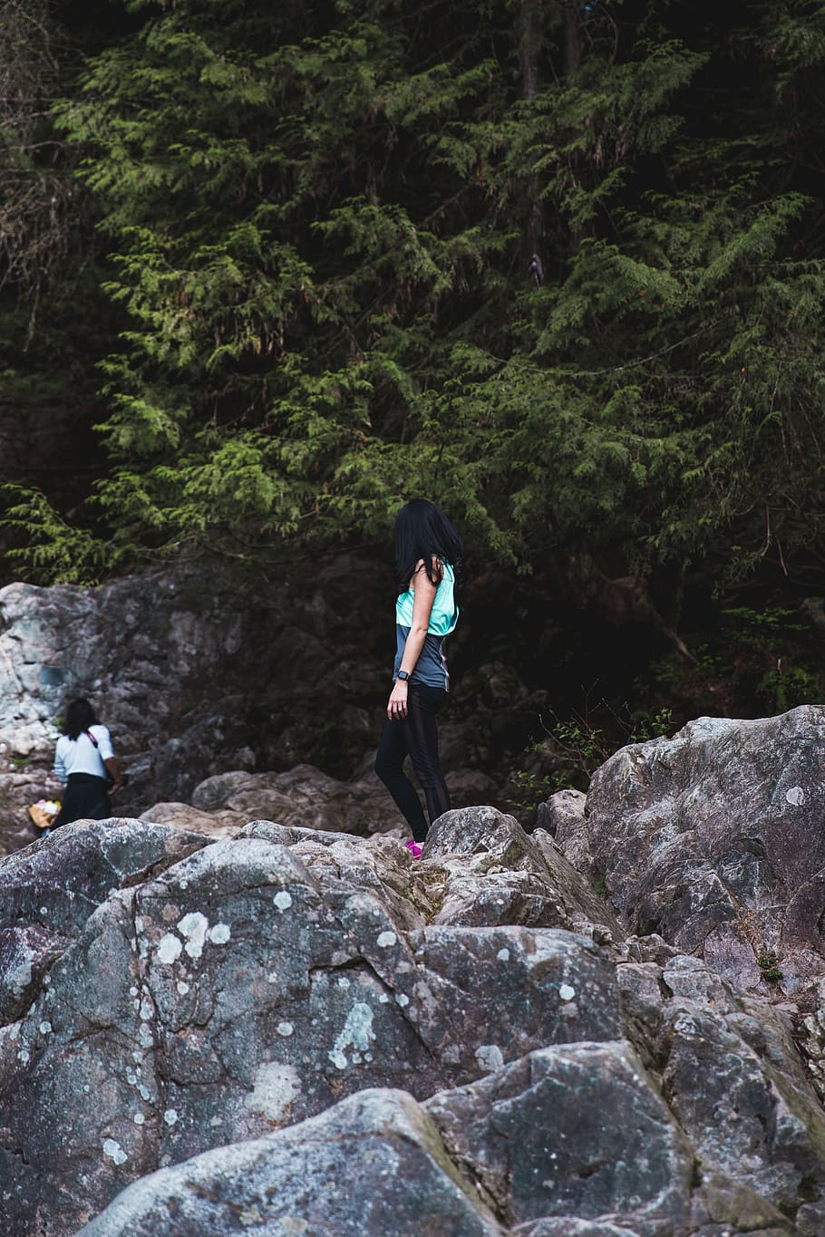 A young black haired female hiker standing on a rock, 20-25 year old