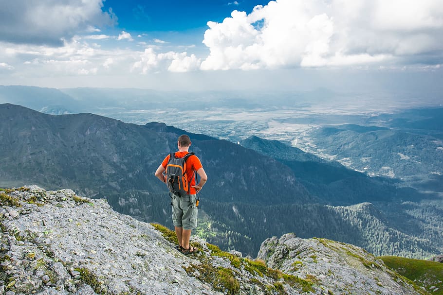 mountain, valley, landscape, nature, sky, clouds, people, man HD wallpaper