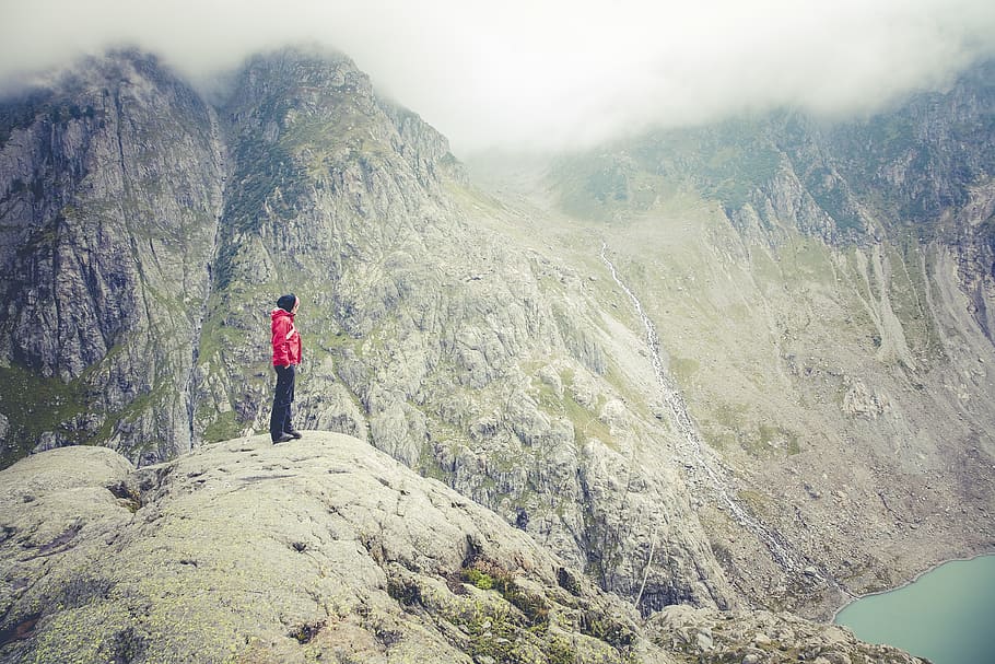 man standing on peak, alp, bridge, gadman, triftglacier, switzerland HD wallpaper