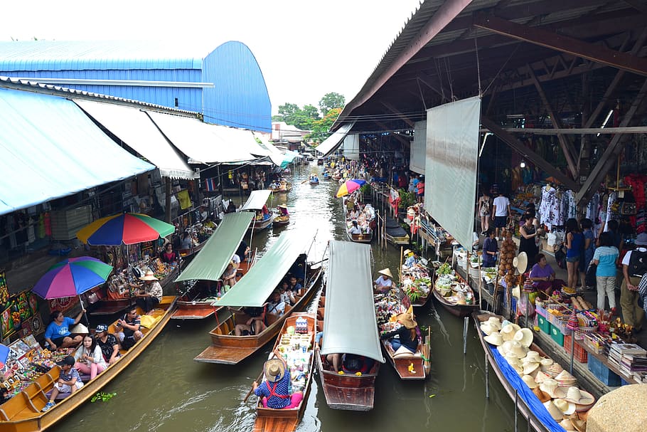 HD wallpaper: thailand, floating market, boat, group of people, large ...