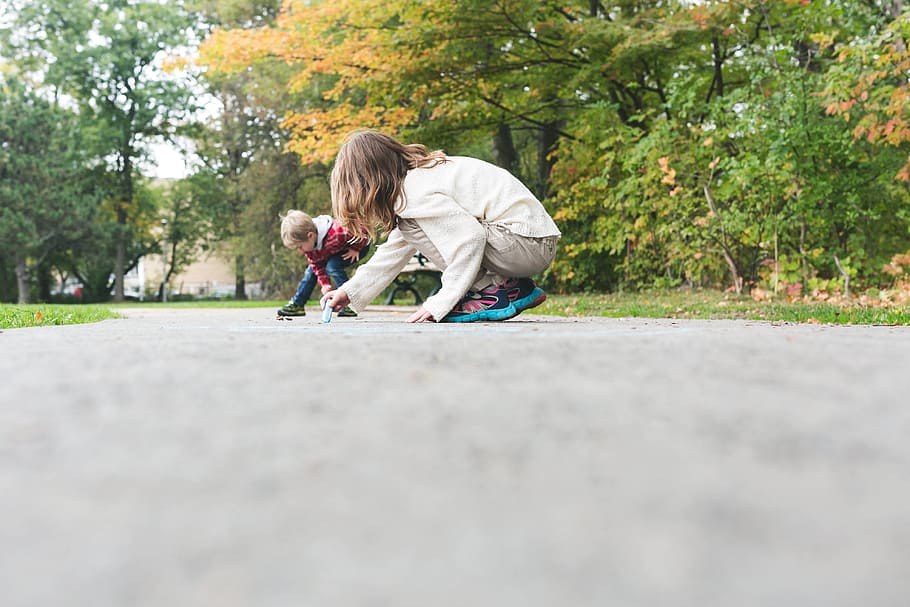 Kids Draw With Chalk On Sidewalk Photo, Fun, Children, Playtime