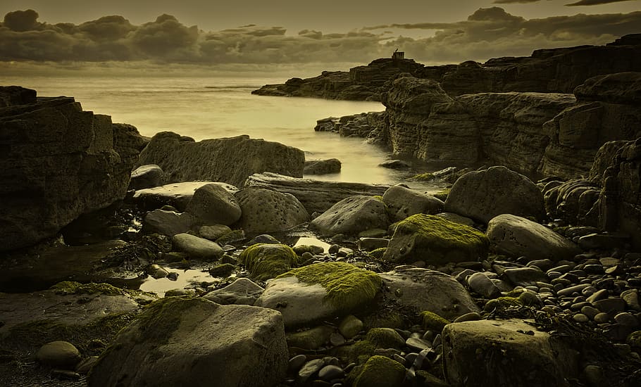 Rock Mountain, beach, boulders, clouds, dawn, evening, horizon HD wallpaper