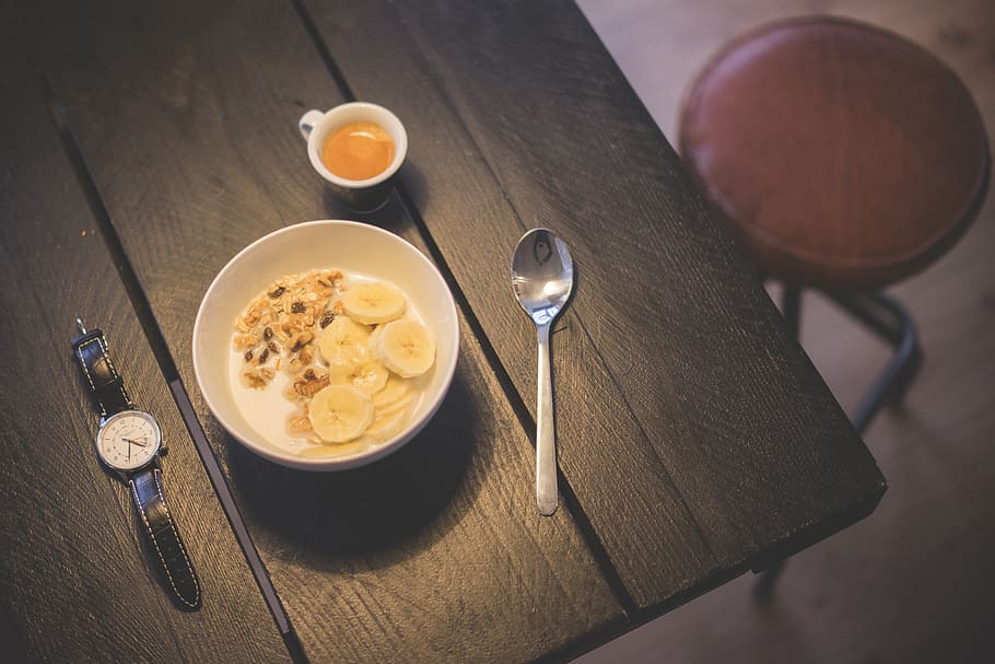 White Ceramic Bowl on Table, banana, coffee, colorful, cup, dairy product HD wallpaper