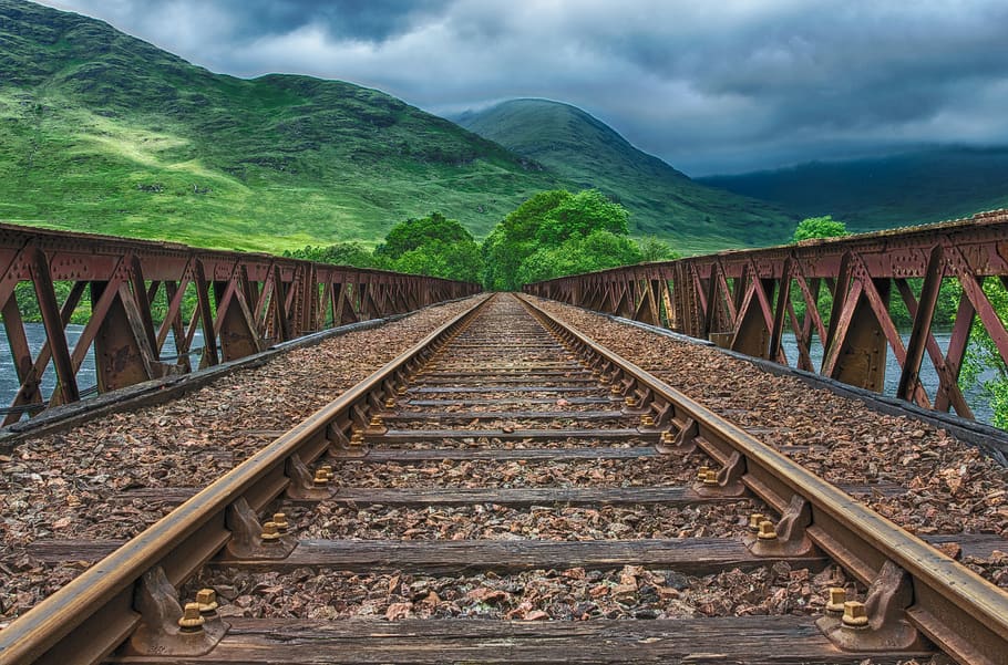 Brown Train Rail Way, bridge, clouds, cloudy, dark clouds, field, HD wallpaper