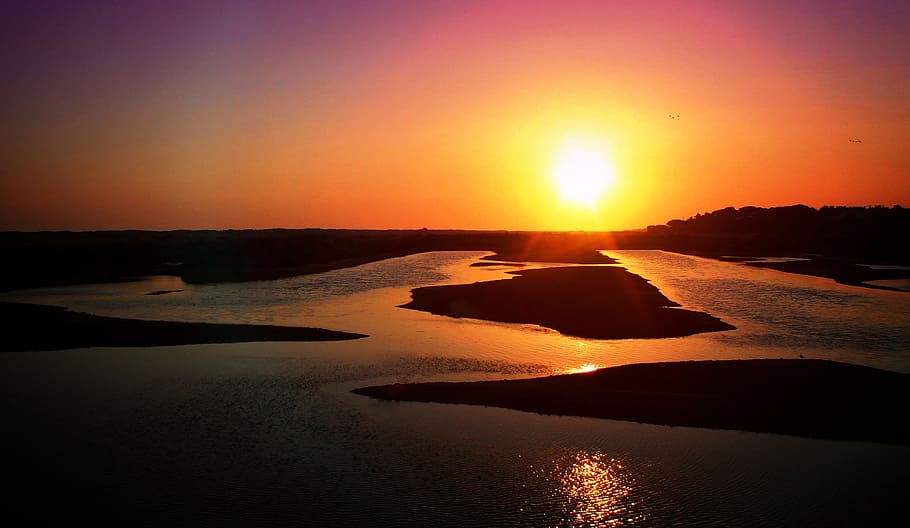 Sunset over the Ria Formosa Natural Park near Faro in Algarve Portugal