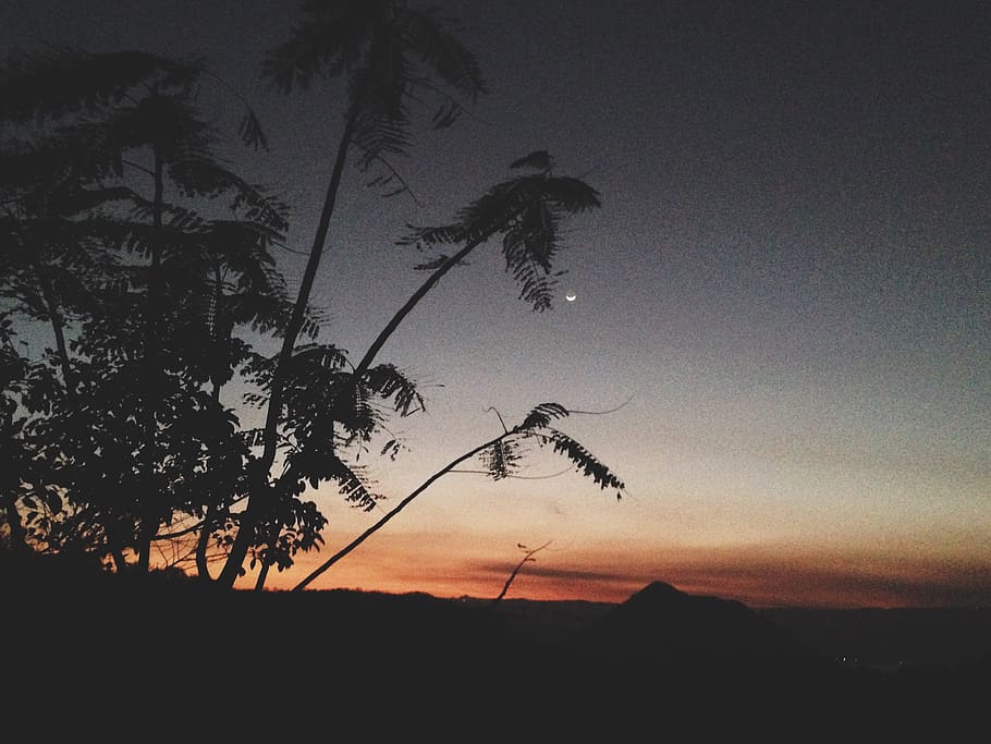 philippines, talisay, taal volcano trail, moon, sunset, dawn, HD wallpaper