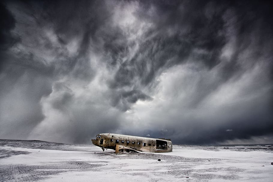 plane wreckage, storm, overcast, crash, airplane, weather, cloudy HD wallpaper