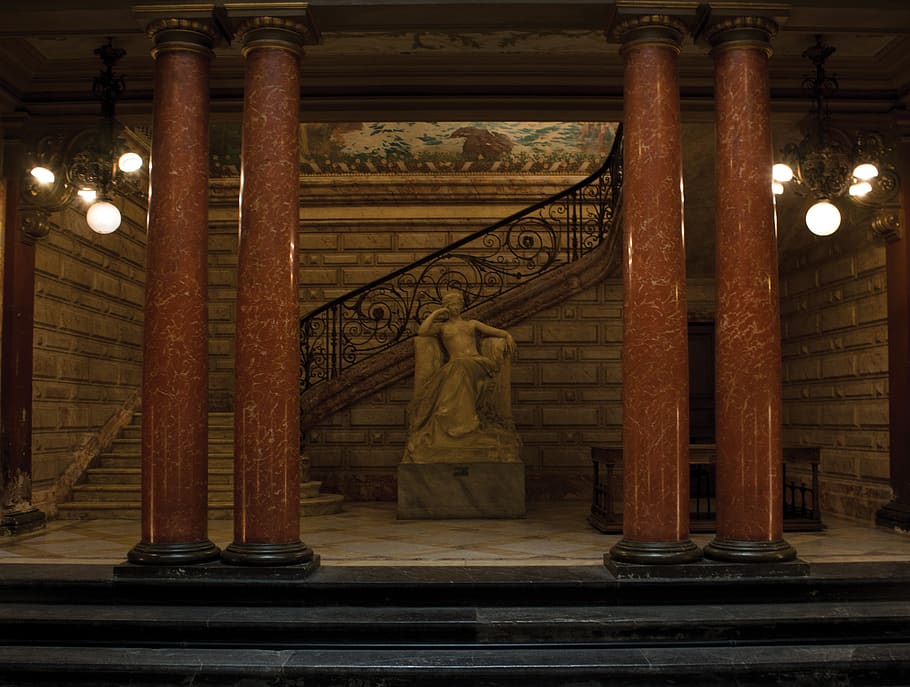 france, perpignan, pillars, statue, architecture, staircase HD wallpaper