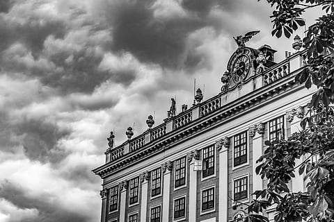 austria, vienna, schönbrunn palace, dramatic, sky, black and white HD wallpaper