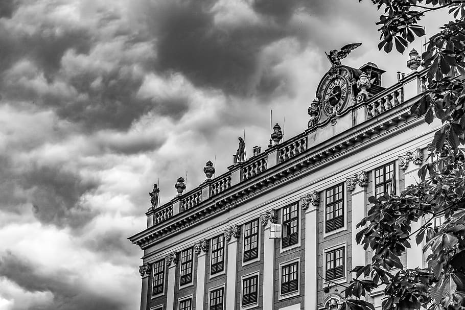 austria, vienna, schönbrunn palace, dramatic, sky, black and white HD wallpaper