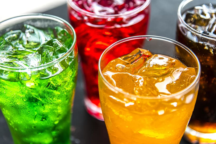 Four Clear Drinking Glasses Filled With Beverages, close-up, cold, HD wallpaper