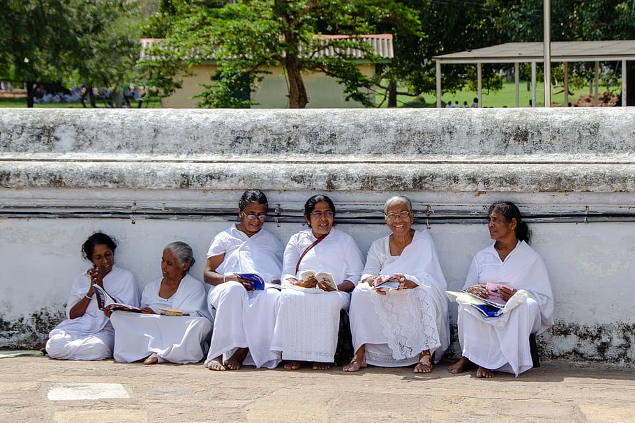 buddhist, buddhism, religion, women, sitting, white, asia, culture, HD wallpaper