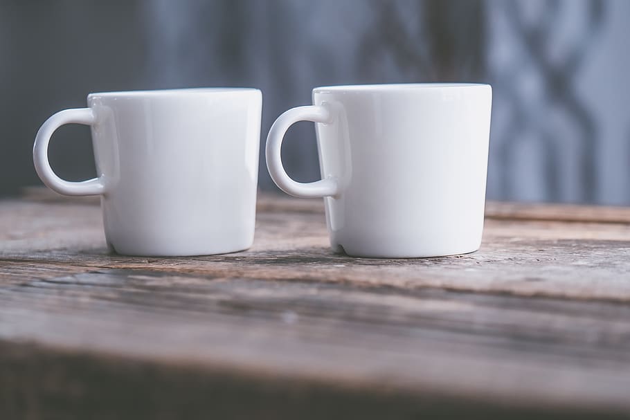 two white teacups, table, food and drink, white color, coffee cup HD wallpaper