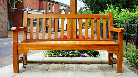Brown Wooden Bench, design, empty, flowers, furniture, garden HD wallpaper