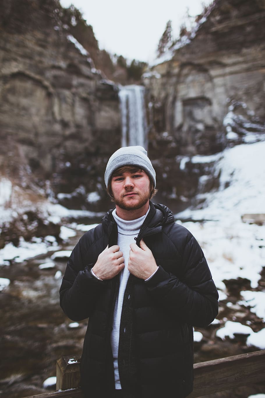 portrait, beanie, waterfall, profile, man, people, explore HD wallpaper